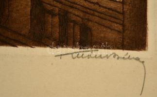 Kron Béla (1884-1965): Parlament a Budai Várból. Rézkarc, papír, jelzett, foltos, 25×33 cm