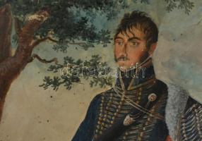 cca 1808 Balta Miklós (?-?) későbbi százados huszáregyenruhában, akvarell, papír, német nyelvű felir...
