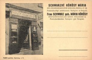 Szeged, Schwarzné Kőrösy Mária bélyegkereskedése. Iskola utca 29. reklámlap / Briefmarkenhandlung