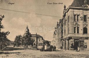 Szeged, Tisza Lajos körút villamossal, Markovics Lajos üzlete  (EK)