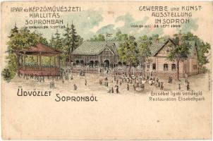 1904 Sopron, Ipar és Képzőművészeti Kiállítás Augusztus 20. - Szeptember 25., Erzsébet ligeti vendéglő, étterem. Geisse H. litho (Rb)