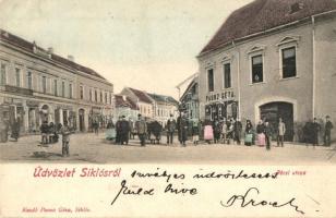 1902 Siklós, Pécsi utca, Polgári leányiskola, Takarékpénztár, Feiler Mariska, Holzer Dávid és Steinbach József üzlete, Paunz Géza üzlete és saját kiadása