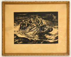 Kerti Károly (1917-?): Halászok 1958, fametszet, papír, jelzett, üvegezett fa keretben, 25×35 cm