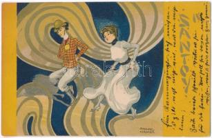 Santoy IV. / Dancing couple. Golden Art Nouveau art postcard s: Raphael Kirchner (fl)