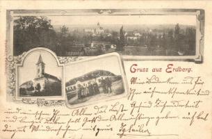 1899 Erdberg (Poysdorf); Schule, Kirche. Pateisky-Feldsberg / panorama view, school, church, restaurant. Floral (?)