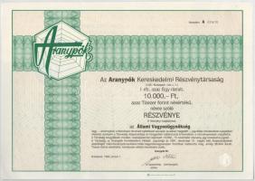 Budapest 1992. "Aranypók Kereskedelmi Részvénytársaság" névre szóló részvénye 10.000Ft ért...
