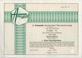 Budapest 1992. "Aranypók Kereskedelmi Részvénytársaság" névre szóló részvénye 10.000Ft ért...