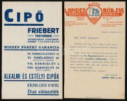 cca 1920-1930 Szórólapok, reklámnyomtatványok, 4 db (Polgár Hugó bőröndáru, Tokajhegyaljai Bortermelők, Friebert cipők, Lapides Mór és Fia bútor)