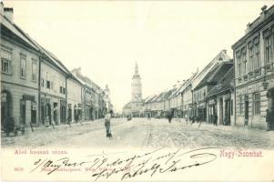 1899 Nagyszombat, Trnava, Tyrnau; Alsó Hosszú utca üzletekkel, Boja István (?) üzlete. Hans Nachbargauer kiadása / street view with shops (fa)