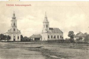 Aranyosmeggyes, Mediesu Aurit; Római katolikus és református templom a téren / churches, square