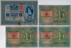 1902. 1000K mindkét oldal német, felülbélyegzésekkel + 1912. 100K (3x) különféle felülbélyegzésekkel...