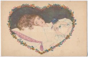 Lady in heart shaped floral frame / Art Nouveau art postcard, B.K.W.I. 110-6. s: Mela Koehler