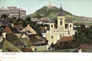 Selmecbánya, Schemnitz, Banska Stiavnica; látkép a plébánia templommal. Joerges / panorama view with church