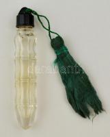 cca 1940-1950 Parfümös üvegcse, hatszögletű bakelit kupakkal, zöld bojttal, h: 7,5 cm