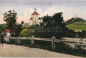 Selmecbánya, Schemnitz, Banska Stiavnica; Szélaknai út a Leányvárral és Kálváriával. Joerges kiadása és Ifj. Farkas Jenő amatőr felvétele / road with castle and calvary