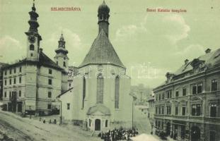 Selmecbánya, Schemnitz, Banska Stiavnica; Szent Katalin templom, utcakép Hitelszövetkezettel. Joerges / church, street view with bank