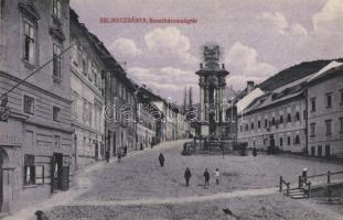 Selmecbánya, Schemnitz, Banska Stiavnica; Szentháromság tér és szobor, Nics Adolf vendéglője. Joerges / square and monument, restaurant