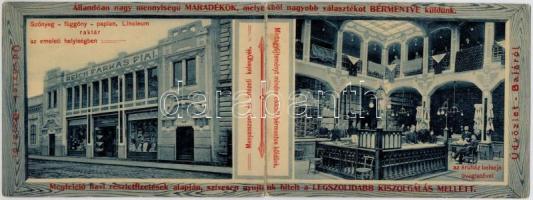 Baja, Reich Farkas és Fiai divat, vászon és szőnyeg áruháza, belső nézet az üvegtetővel; Erzsébet Királyné utca - kinyitható reklámlap / advertisement folding card (r)