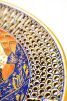 Antik Herendi áttört szélű dísztál, kézzel festett tájképpel, jelzett (1868), enyhén kopott aranyozá...