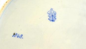 Antik Herendi áttört szélű dísztál, kézzel festett tájképpel, jelzett (1868), enyhén kopott aranyozá...