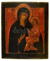 Orosz ikonfestő, 20. sz. eleje: Istenanya a gyermekével, tojástempera, fa tábla, jelzés nélkül, kis lepattanással, 31×26 cm