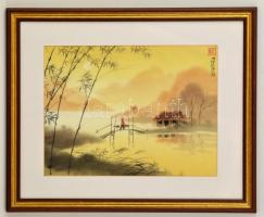 Jelzett kézzel festett kínai selyem kép, üvegezett keretben, 28×38 cm