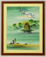 Jelzett kézzel festett vietnámi selyem kép, üvegezett keretben, 48×33 cm