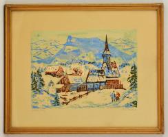 Rác András (1926-2013 ): Csiki táj, színes linó, papír, jelzett, üvegezett fa keretben, 25×35 cm