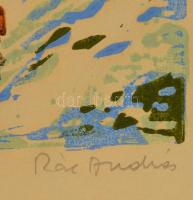 Rác András (1926-2013 ): Csiki táj, színes linó, papír, jelzett, üvegezett fa keretben, 25×35 cm
