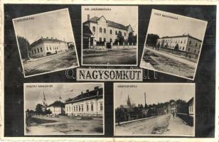 Nagysomkút, Somcuta Mare; Községháza, Járásbíróság, Megyeháza, Horthy Miklós út, Rákóczi utca / town hall, county hall, court, streets (gyűrődés / crease)