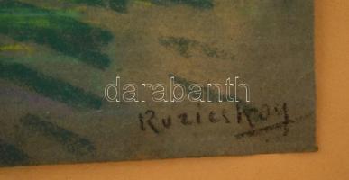 Ruzicskay György (1896-1993):  Alföldi táj. Pasztell, papír, gyűrődéssel, jelzett, üvegezett keretbe...