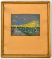 Ruzicskay György (1896-1993):  Alföldi táj. Pasztell, papír, gyűrődéssel, jelzett, üvegezett keretbe...