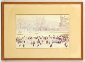 Diósy Antal (1895-1977): Városliget, Műjégpálya 1966. Akvarell, papír, jelzett, üvegezett keretben, ...