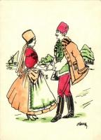 7 db RÉGI megíratlan magyar folklór motívumlap, népviselet / 7 pre-1945 unused Hungarian folklore motive cards, graphic, traditional costumes, signed