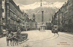 Innsbruck, Maria Theresienstrasse / winter street view with tram and horse sled, montage