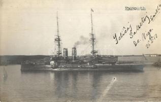 1926 HMS Exmouth Duncan-class pre-dreadnought battleship of the Royal Navy in the port of Vigo, photo