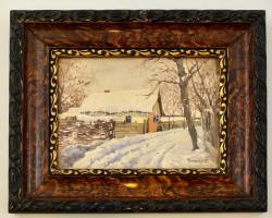 Bereczk jelzéssel: Falusi utca télen. Akvarell, üvegezett keretben, 18×24 cm