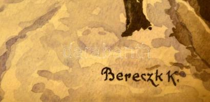 Bereczk jelzéssel: Falusi utca télen. Akvarell, üvegezett keretben, 18×24 cm