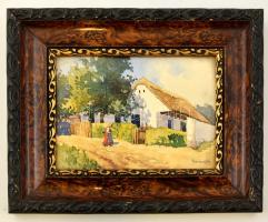 Bereczk jelzéssel: Falusi utca nyáron. Akvarell, üvegezett keretben, 18×24 cm