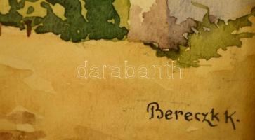 Bereczk jelzéssel: Falusi utca nyáron. Akvarell, üvegezett keretben, 18×24 cm