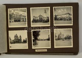 cca 1935-1943 Régi fotóalbum, sok városképpel (nagvárad, Marosvásárhely, Sepsiszentgyörgy, Szeged, Badacsony, stb.), feliratozva, 226 db 6x6 és 6x9 cm-es fotó