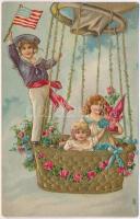 Children in an airship. American flag greeting card, golden Emb. litho