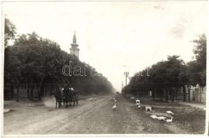 1936 Varjas, Varias; utcakép templommal, lovasszekér / street view with church, horse carriage , photo