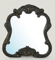 Antik ezüst (Ag.) borítású toilette tükör, fa hátlappal, jelzett (1865), mesterjeggyel, támasztórésszel, pótolt tükörrel, hiányzó szögekkel kis horpadással, monogrammal. A HR monogram Navratilné Hegedüs Rózsikát, Jókai Mór unokahúgát jelőli, akinek apja Hegedűs Sándor (1875-1953) író, miniszter. 47×45 cm / Antique silver mirror with hallmark