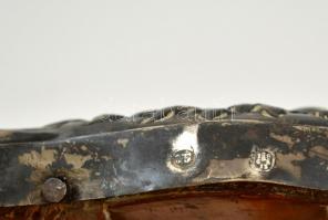 Antik ezüst (Ag.) borítású toilette tükör, fa hátlappal, jelzett (1865), mesterjeggyel, támasztóréss...