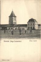 Nagyszalonta, Salonta; Piac (Toldi Miklós) tér és Csonka torony, Róth Ármin vas és fűszerkereskedése, Piacsek Gusztáv üzlete. Székely J. kiadása / market square with shops and tower (EK)