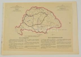 cca 1920 Len és lengyárak Magyarországon 1913-ban, a Magyarország gazdasági térképekben kiadványból, magyar és francia magyarázó szöveggel, a trianoni határok feltüntetésével, 26,5×37,5 cm