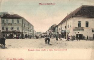 Marosvásárhely, Targu Mures; Kossuth utca, Katolikus főgimnázium. Dudutz István és Ferenc, Henning Károly és Falkenstein Ödön üzlete. Révész Béla kiadása / street view with shops, grammar school