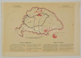 cca 1920 Vas- és acélgyártás Magyarországon 1913-ban, a Magyarország gazdasági térképekben kiadványból, magyar és francia magyarázó szöveggel, a trianoni határok feltüntetésével, 26,5×37,5 cm
