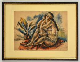 Marsovszkyné Szirmai Ilona (1896-1945): Modell 1924. Üllő női akt. Akvarell, tus, jelzett, üvegezett keretben, 27×38 cm
